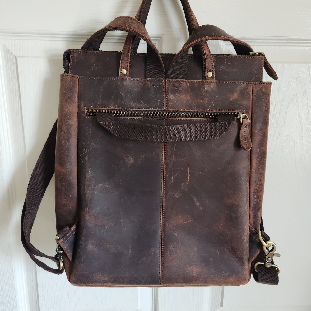 Leather Backpack Tote in Distressed Brown - Picture 10 of 16